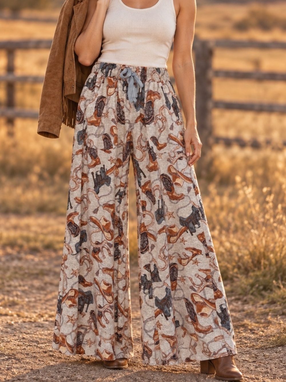 Easel Western Print Palazzo Pants - Wide Leg - Soft Flannel Feel